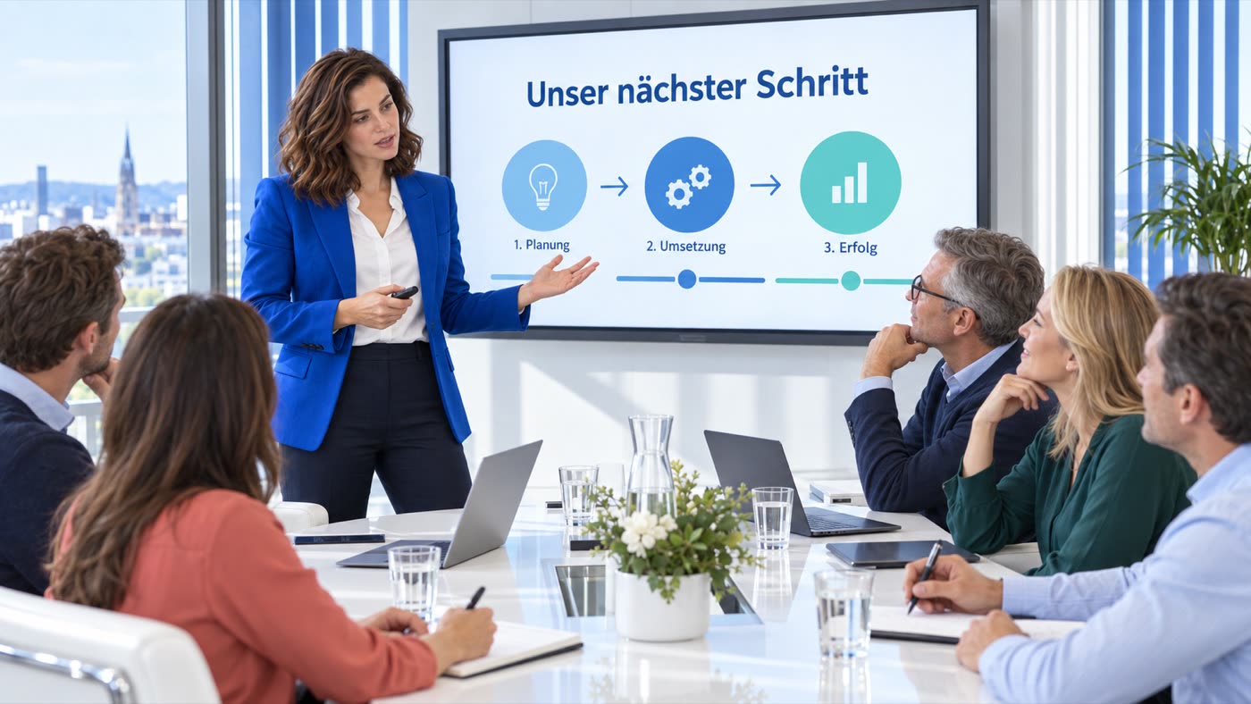 Eine Führungskraft stellt ihrem Team den nächsten Schritt vor