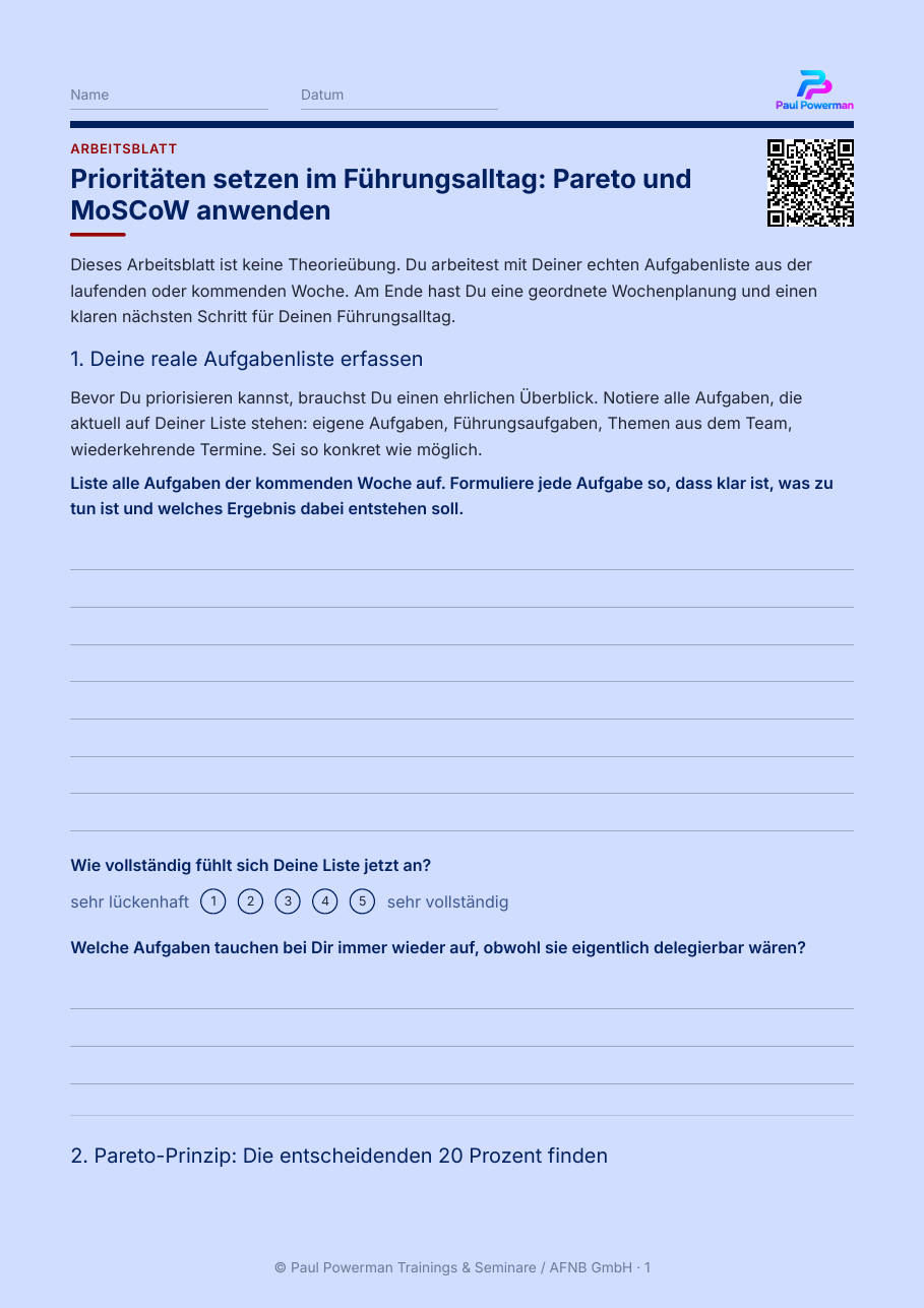 Erste Seite des Arbeitsblatts Prioritäten setzen im Führungsalltag
